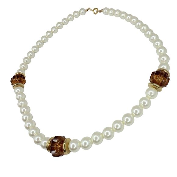Faux Amber Glass Beaded Pearl Necklace 17" Gold Tone Element Girlcore Trendy - Picture 5 of 10